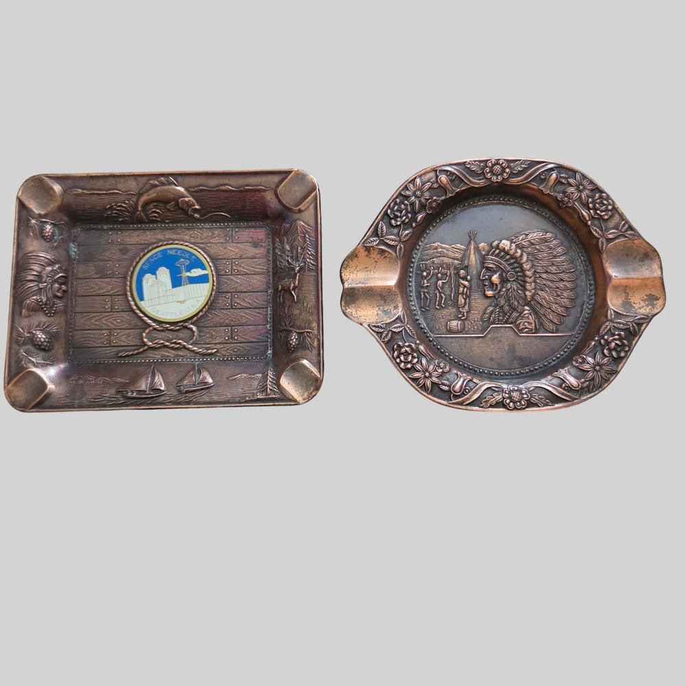 Vintage '60s Copper Ashtray Set Seattle Space Needle Native American Chief Japan